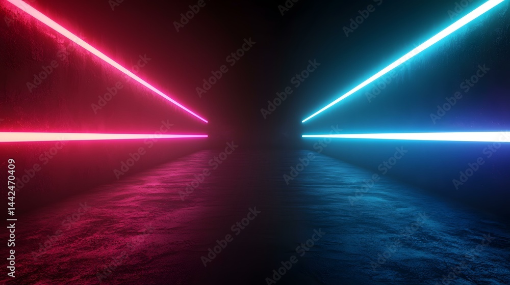 Poster a dark, textured surface is illuminated by two parallel lines of vibrant neon light, one pink and on