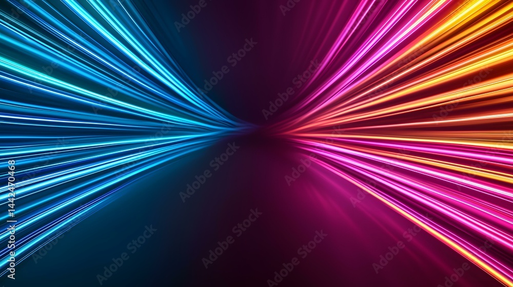 Poster the image contains vibrant, neon-colored light streaks radiating from a central point, creating a dy