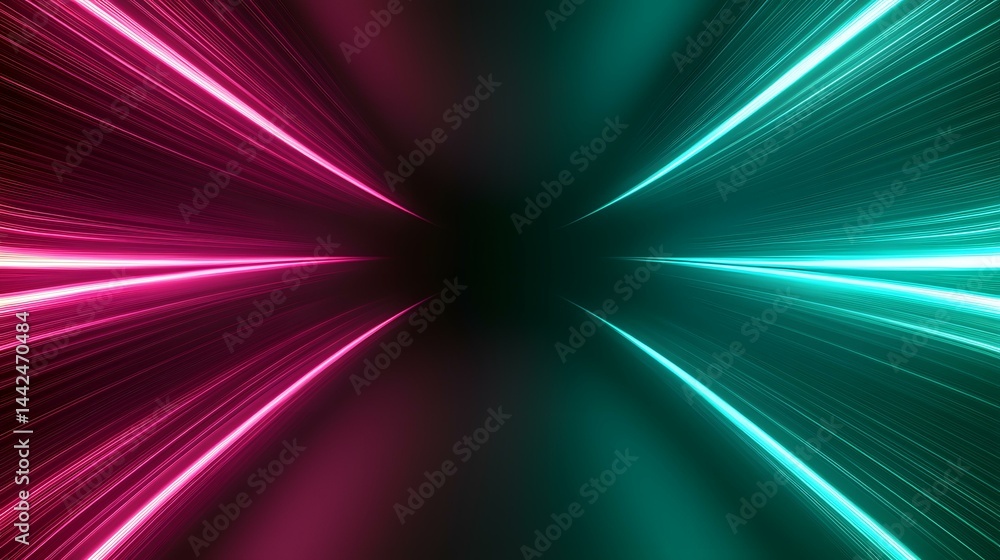 Poster the image contains an abstract design showing bright pink and teal light streaks converging towards 