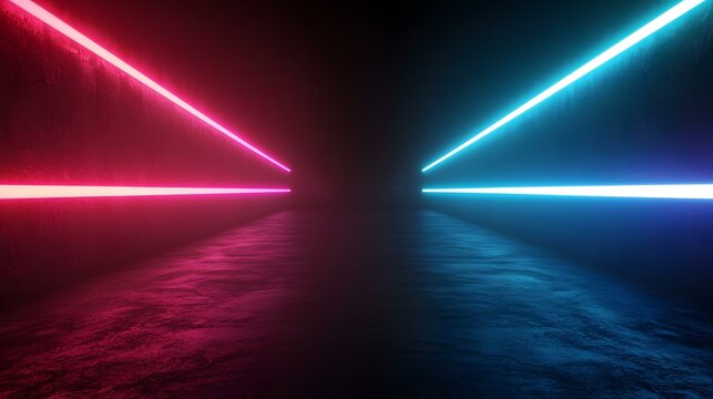 A dark, textured surface is illuminated by two parallel lines of vibrant neon light, one pink and one blue, creating a futuristic and contrasting atmosphere.
