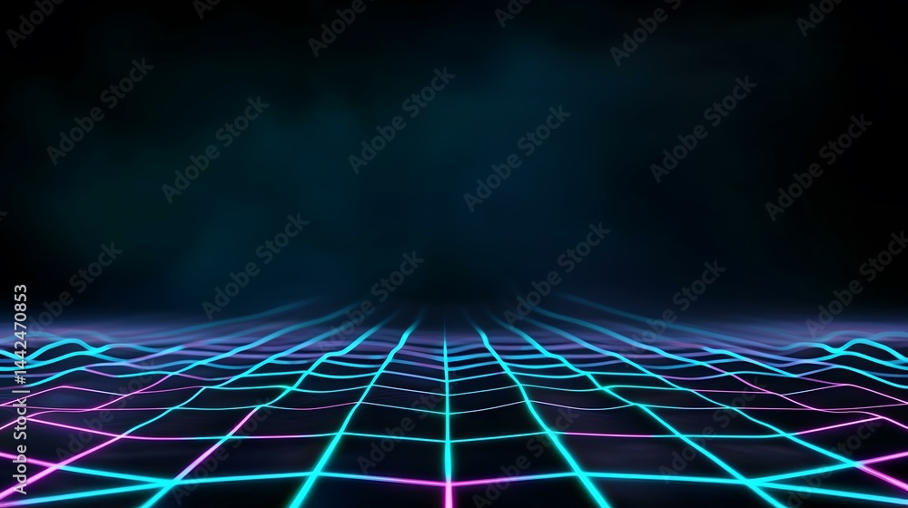 Poster a dark background features a glowing, undulating grid of teal and pink neon lines, creating a futuri