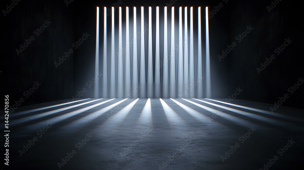 Poster a dark room with a concrete floor is illuminated by twelve vertical beams of light, creating a drama