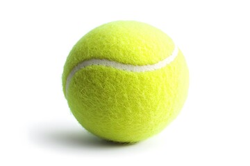 Close-up of a single yellow tennis ball isolated on a white background, sports equipment, tennis accessory, professional tennis ball, sports gear, recreation, fitness, athletic, tennis practice