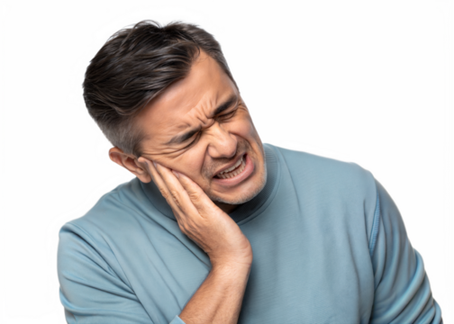 Man experiencing intense tooth pain while wearing a blue sweater