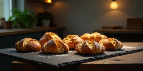 Golden-brown baked goods arranged on a dark slate surface, illuminated by warm ambient lighting in a cozy kitchen setting