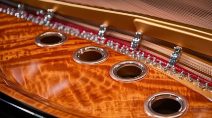 Close up photograph of a grand piano and its inside structure