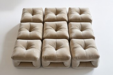 Obraz premium Beige velvet modular seating set. A grid of square upholstered cushions. Modern, minimalist design. Comfortable and stylish
