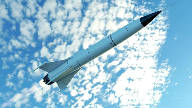 Military missile weapon animation: powerful rocket flying through sky. Defense technology.
