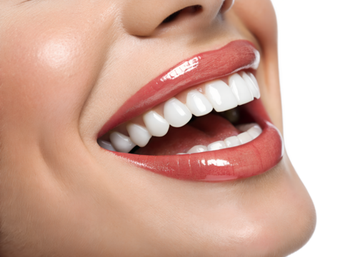 Bright smile and healthy teeth of a young woman with glossed lips