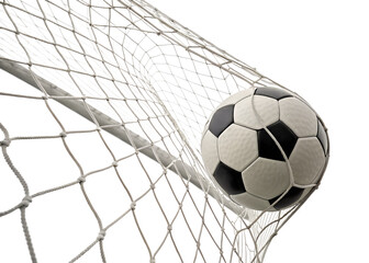 Soccer ball hits net during match in bright daylight hours