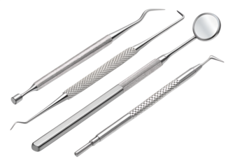 Dental instruments arranged on a transparent background for examination