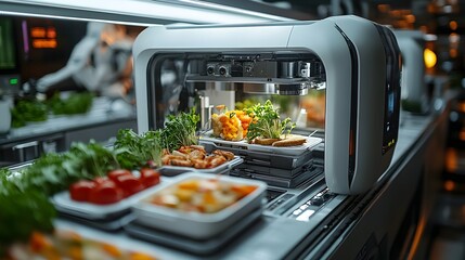 Automated Food Preparation Unit Dispensing Fresh Dishes on a Conveyor Belt System for Efficient Meal Service