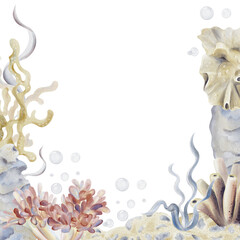 Frame and template with seabed and reef. Underwater world with flowers and seaweed. Sand with pebbles and sea sponge. Marine plants. Watercolor illustration without background. Hand drawing.