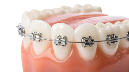 Model teeth with braces demonstrating orthodontic alignment correction