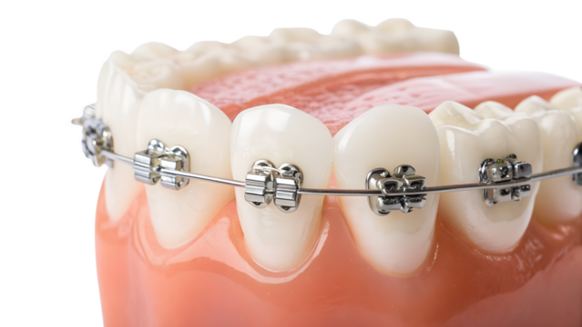 Model teeth with braces demonstrating orthodontic alignment correction