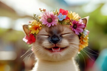 Sunny daylight. Vacation time happiness. Cute baby cat tonkinese wearing free flower circlet on its head. Cat surrounded by flowers. Playful summer vibes for kittens. Beautiful cat in bloom.