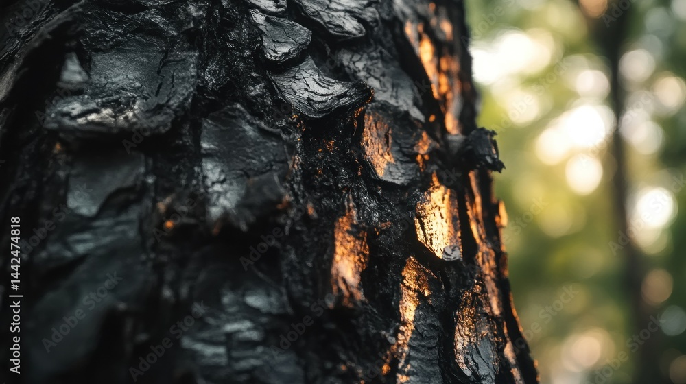 Poster close up view of dark tree bark texture with sunlight