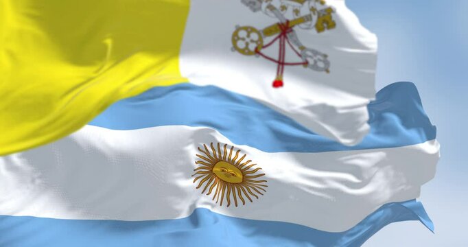 Vatican City and Argentina national flags waving outdoors. 3D render animation