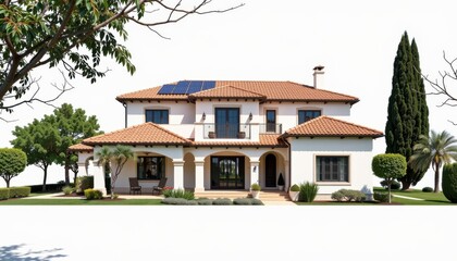 Create a high quality isolate image of a Mediterranean style villa with terracotta roof tiles and discreetly embedded solar panels