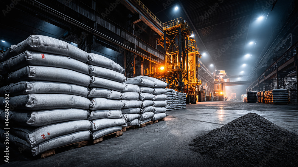 Poster stacked sacks filled with powdered material in an industrial warehouse, surrounded by heavy machiner