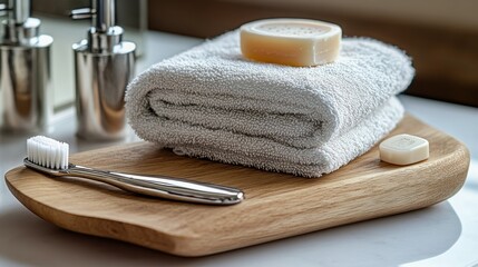 Bathroom accessories are arranged neatly on a wooden tray for display