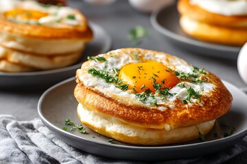 Fluffy Japanese souffle pancakes topped with a sunny-side-up egg, garnished with fresh herbs on a gray plate.