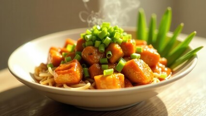 Aromatic Steamed Noodles Topped with Savory Cubes in Rich Sauce and Garnish
