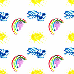 Natural phenomena. Simple seamless pattern with blue cloud, rainbow and yellow sun with rays. Children's drawing on white background by hand for design of fabric of clothes, notebooks and calendars