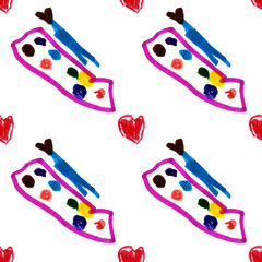 Creative illustration artist's tools. Simple seamless pattern with red heart, palette of watercolor paints and artist's brush. Children's hand drawing with felt-tip pen for your design