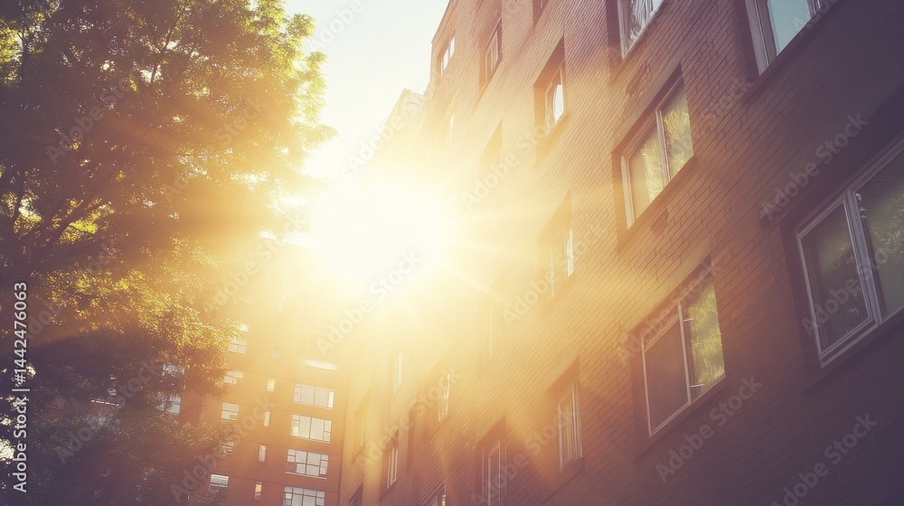 Poster bright sunlight illuminates a building with many windows and trees
