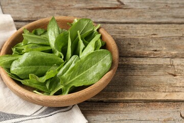 Fresh green sorrel leaves in bowl on wooden table, closeup. Space for text