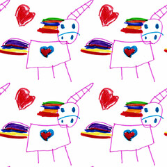 Fairytale animal. Simple seamless pattern with a red heart and a unicorn with a multi-colored mane and tail. Children's hand-drawn illustration on a white background for the design of a photo album