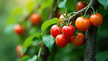 Obraz premium Vibrant Red and Orange Tomatoes Growing on Lush Green Vine in a Sunny Garden