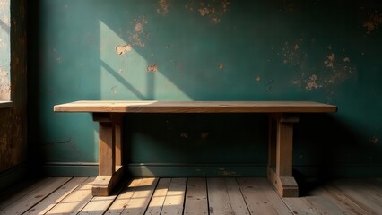 Rustic Wooden Table Against a Distressed Teal Wall Illuminated by Sunlight Streaming Through a Window