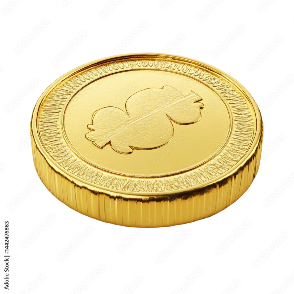 Poster a gold coin with a unique symbol design is shown angled for a 3d effect