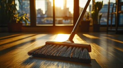 A wooden broom rests on the wooden floor inside a room