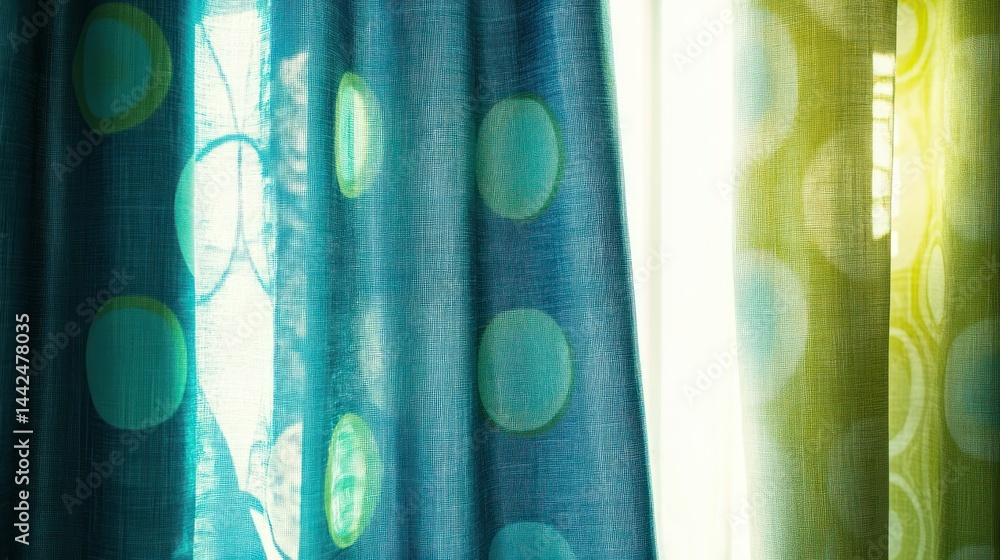 Poster two patterned curtains with light shining between them brightly