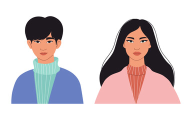 Oriental Young Guy and Beautiful Girl with Long Hair. Isolated Modern Male and Female Portraits Eastern Asian People with almond-shaped eyes on white background. Vector illustration in flat style