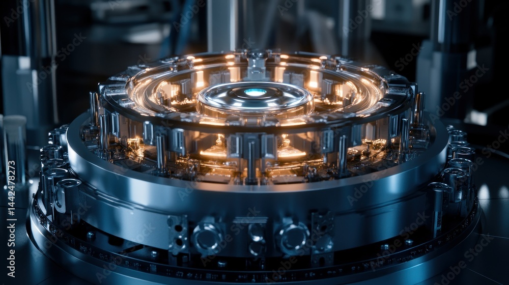 Poster a complex mechanical apparatus with inner lighting details in view