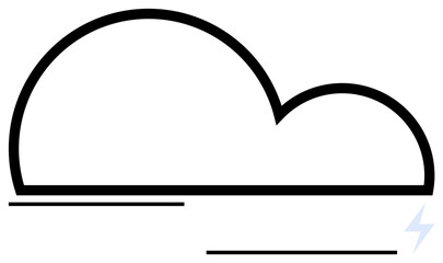 Black outlined cloud accompanied by a small lightning bolt and horizontal lines. Ideal for nature, weather, storm, simplicity, environment, climate, and forecast concepts. Flat simple metaphor