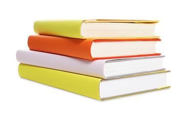 Stack of colorful books on white background