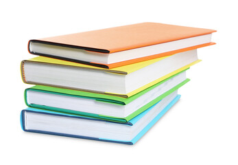 Stack of colorful books on white background