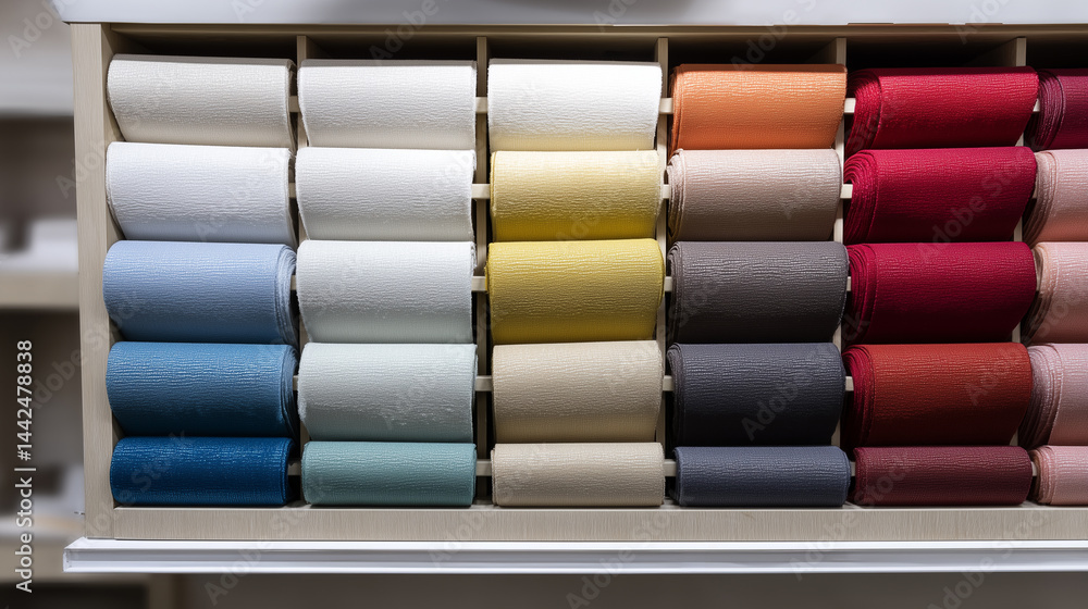 Poster Rolls of luxury fabrics in plain colors are neatly arranged in symmetrical display