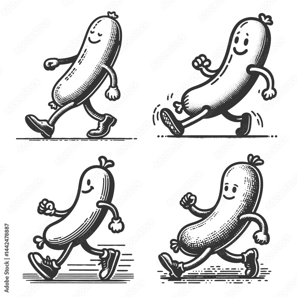 Poster sausages walking cheerfully with smiling faces set collection bundle sketch engraving generative ai 