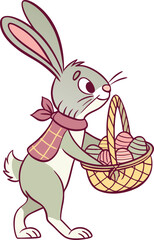 A cute cartoon bunny, a baby animal illustration, happily holds a basket of carrots, perfect for the spring easter holiday