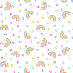 Naklejka premium Crayon style seamless pattern with colorful rainbows hearts. Childish Doodles in pastel colors. Playful design for children textile, nursery theme, birthday decor, kids product, stationery, packaging