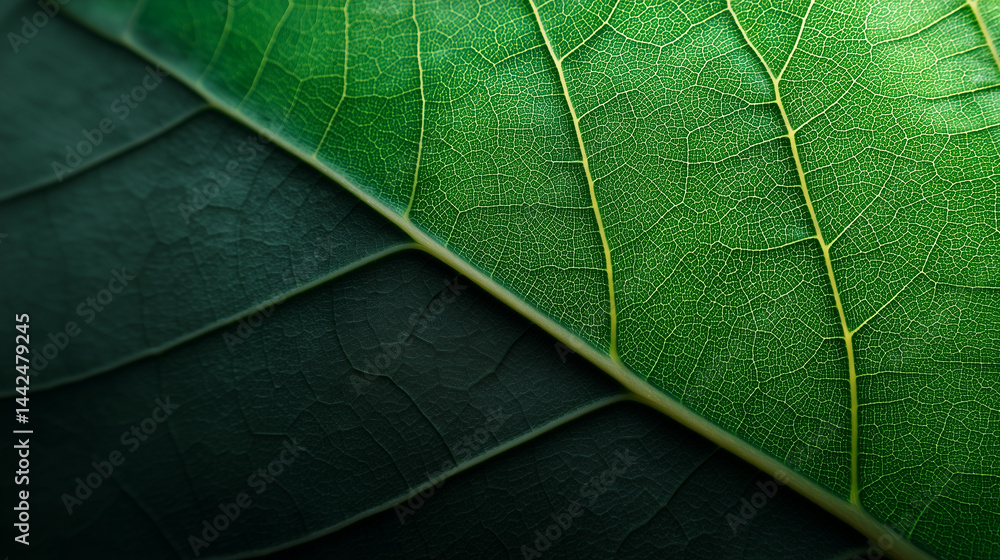 Poster Close up of vibrant green leaf showing intricate vein patterns and texture