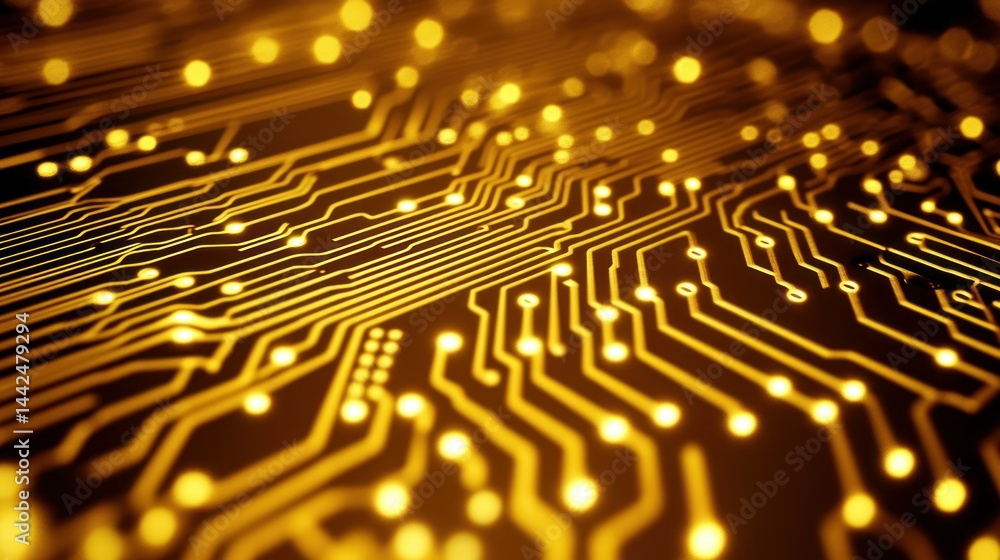 Poster detailed abstract view of a complex golden circuit board design