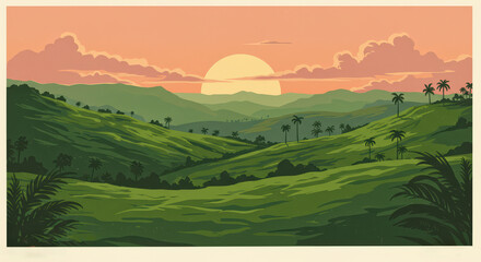 Sunset over Lush Green Hills of a Tropical Paradise