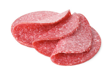 Slices of tasty smoked sausage isolated on white
